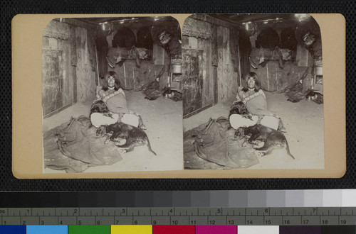 Hualapai woman sitting with dogs next to her inside a wooden shelter