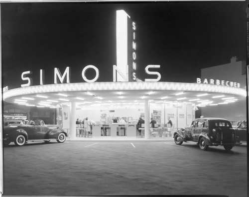 Simon's Drive-In Café, Wilshire and Fairfax, Los Angeles. 1939