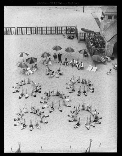 Exercise class on the beach at the Deauville Club in Santa Monica