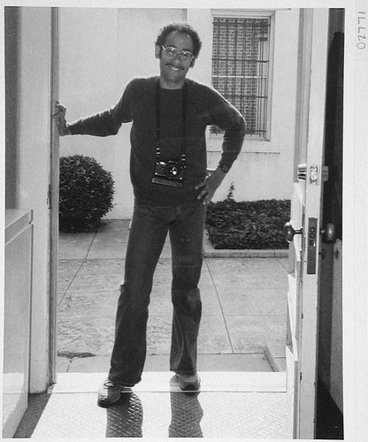 Douglas Campbell standing in the doorway to the photo lab for Mount Wilson Observatory, Pasadena