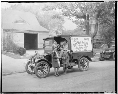 Garden Dairy "Square Deal Raw Milk" delivery truck, 3425 East Colorado. 1927