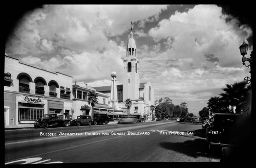 Blessed Sacrament Church and Sunset Boulevard, Hollywood, Cal