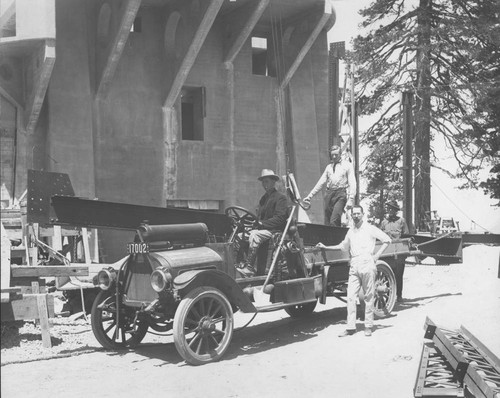 Mount Wilson Observatory truck carrying long steel beam to the 100-inch telescope construction site