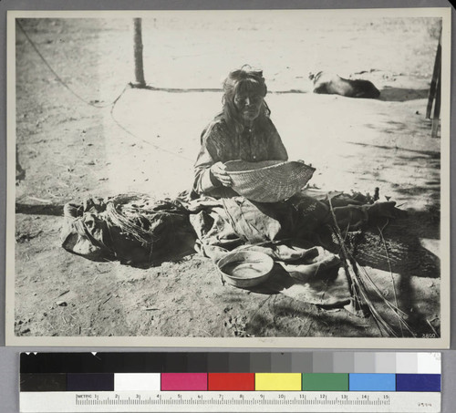 Yokut squaw sifting acorn meal in basket