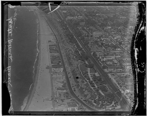 Aerial view of beach and Palisades, Santa Monica, California