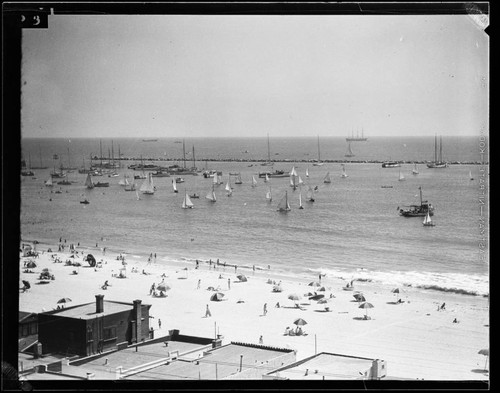 View of boats during the Yacht Harbor Breakwater dedication, Santa Monica