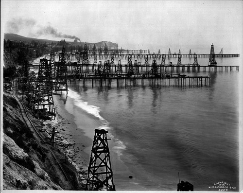 Oil wells in Pacific Ocean. Summerland from the North