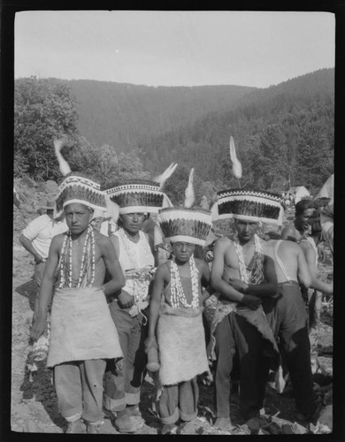 Yurok Indians in Jump Dance regalia, Klamath River, California