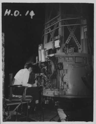 Michael Penston seated at the scanner at the cassegrain focus of the 100-inch telescope, Mount Wilson Observatory