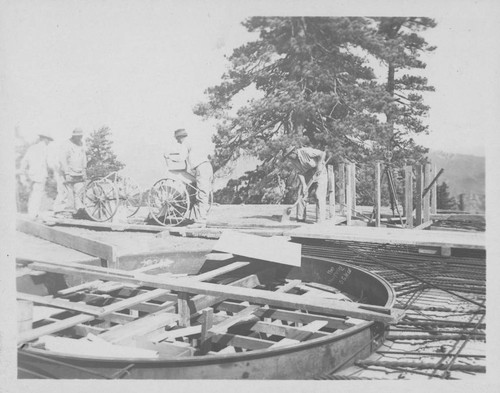 Construction of the main floor of the 100-inch telescope foundation pier, Mount Wilson Observatory