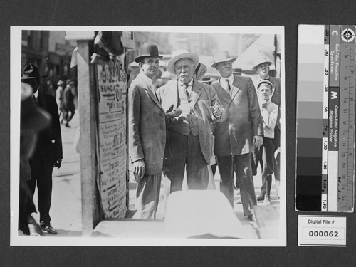 Harrison Gray Otis talking with crowd near Los Angeles Times bombing ruins