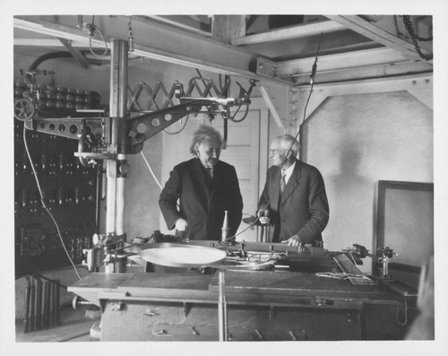 Albert Einstein and Charles St. John at the focus of the 150-foot tower telescope, Mount Wilson Observatory