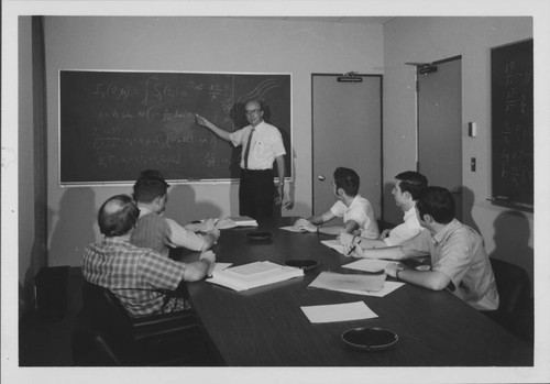 Robert Howard teaching Caltech graduate students in a conference room in the new wing of the Mount Wilson Observatory office building, Pasadena