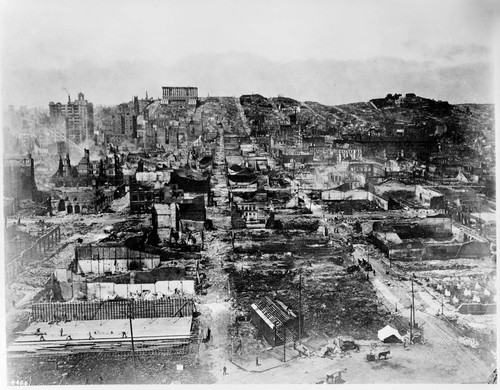 San Francisco after the fire of April, 1906. Looking up from Ferry Building Tower