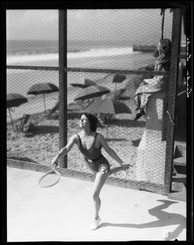 Linda Landi playing tennis at the Sea Breeze Beach Club, Santa Monica