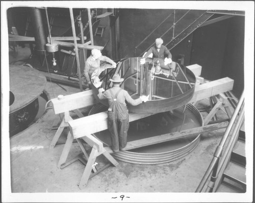 Preparing to remove the silvered surface from the 100-inch mirror, Mount Wilson Observatory