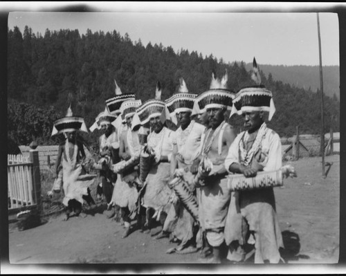 Yurok Indians in Jump Dance regalia, Klamath River, California
