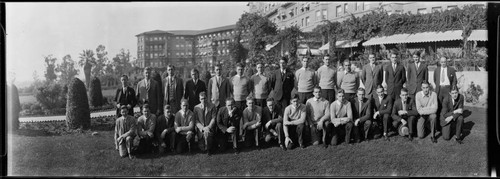 Group portrait of men at the Huntington Hotel, Oak Knoll and Wentworth, Pasadena