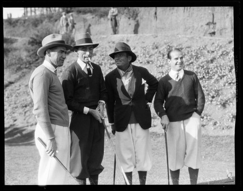 Diegel, Armour, Fairbanks and Cooper on golf course at Riviera Country Club, Santa Monica Canyon