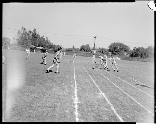 Boys playing soccer, Polytechnic Elementary School, 1030 East California, Pasadena. April 27, 1940