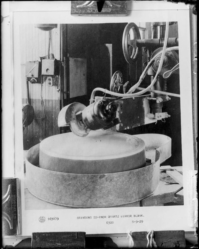 General Electric publicity photograph of grinding a 22-inch quartz mirror blank