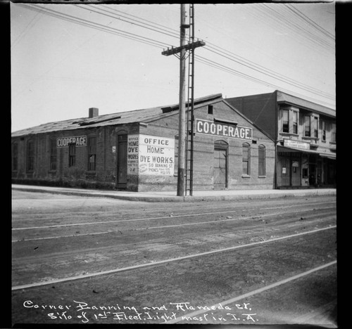 Corner of Banning and Alameda St. Site of 1st elec. light mast in L.A