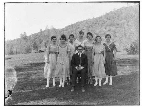 Group portrait of young women and man, Merced Falls, Merced County