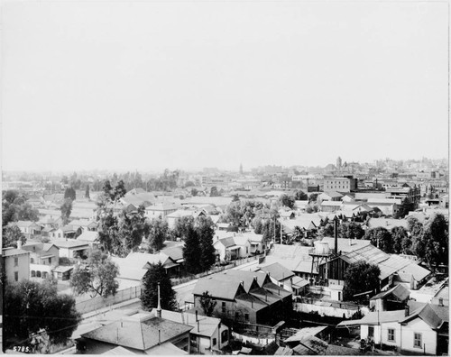 Los Angeles skyline from Aliso Street, Bellmore (?) looking West