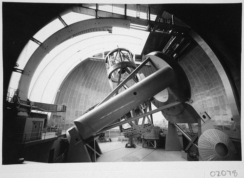 The 200-inch telescope, tube near the zenith, shutters open, Palomar Observatory