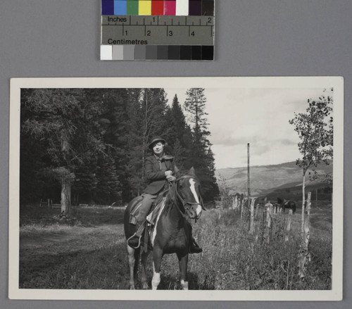 Grace Burke Hubble on horseback at the Rio Blanco Ranch, Meeker, Colorado, 1939