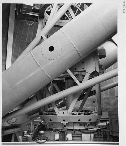 Replica of Newton's first reflecting telescope, placed on catwalk railing next to the 200-inch telescope, Palomar Observatory