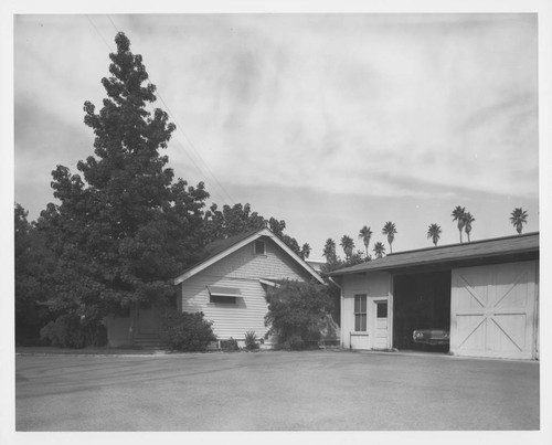Gardener's cottage and garages behind Hale Observatories office building, Pasadena, just prior to demolition