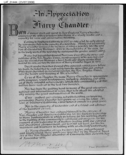 Letter of appreciation to Harry Chandler from the Los Angeles Chamber of Commerce