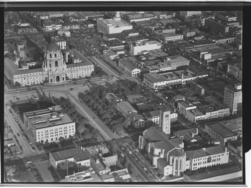 Aerial view of City Hall, Pasadena. 1949