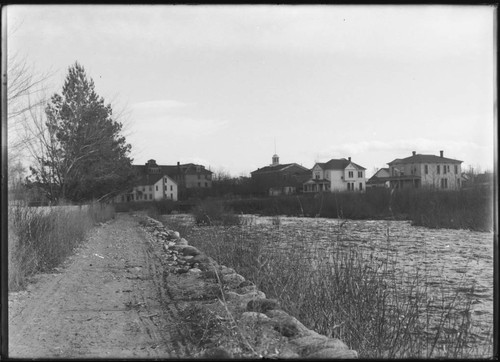 Truckee River and buildings in Reno, Nevada. Washoe County Courthouse is at center in background