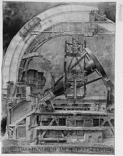 Cutaway drawing of the 200-inch telescope within its dome, drawn by Russell W. Porter