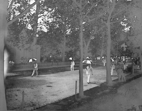 Parade of men carrying umbrellas, Pasadena