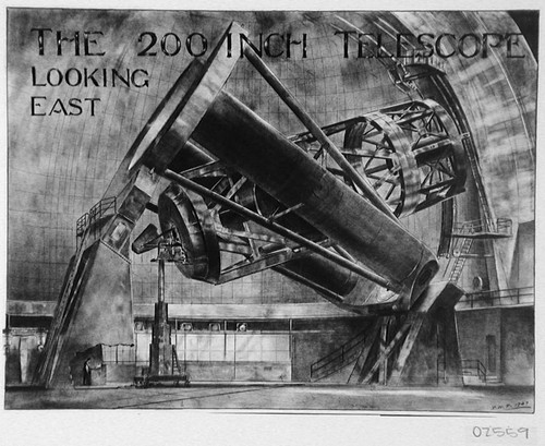 Drawing of the 200-inch telescope, looking East, by Russell W. Porter
