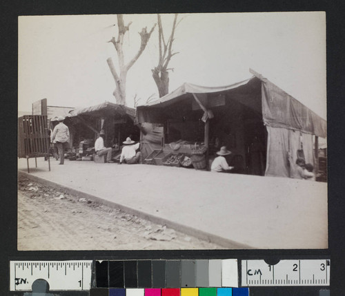 Scene of vendors selling food and goods along a walkway