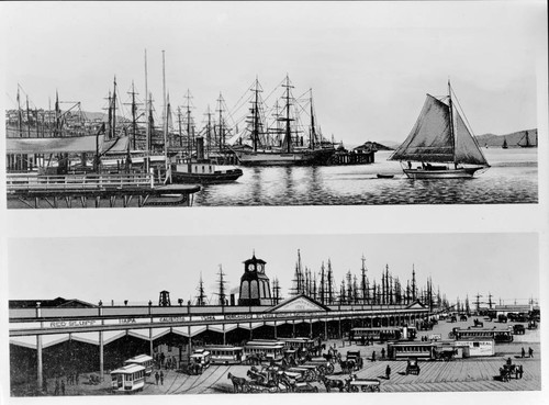 San Francisco St. ferry building and view of bay from Market St. Wharf, 1884 - 1885