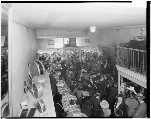 Hancock Music Company with band and crowd, 331 East Colorado, Pasadena. 1924