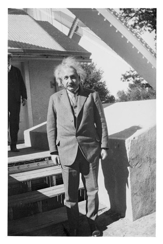 Albert Einstein on the stairs outside the 150-foote tower telescope, Mount Wilson Observatory