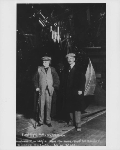 Andrew Carnegie and George Ellery Hale in front of the 60-inch telescope, Mount Wilson Observatory