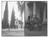 House with trees and family ; family portrait