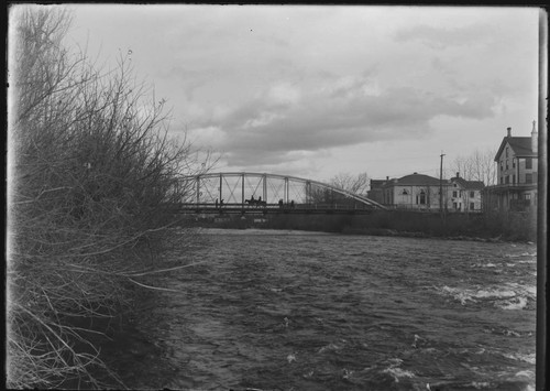 Truckee River and old Truckee Bridge, with Riverside Inn on the right, Reno, Nevada