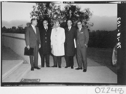 Five men posed at Palomar Observatory for the dedication of the 60-inch telescope