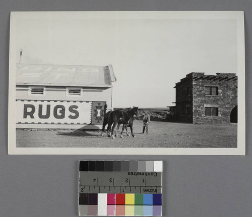 Trading post in Cameron, Arizona; Navajo man and horses in foreground