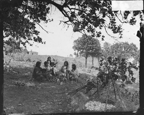 Camp scene with Black Bear, Dangerous Eagle, and others (Comanche). Indian Territory, 1874