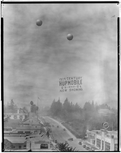 Advertising balloons for 1929 Hupmobile on West Colorado, Pasadena. 1929