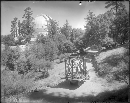 Upper section of the 100-inch telescope tube approaching Mount Wilson Observatory